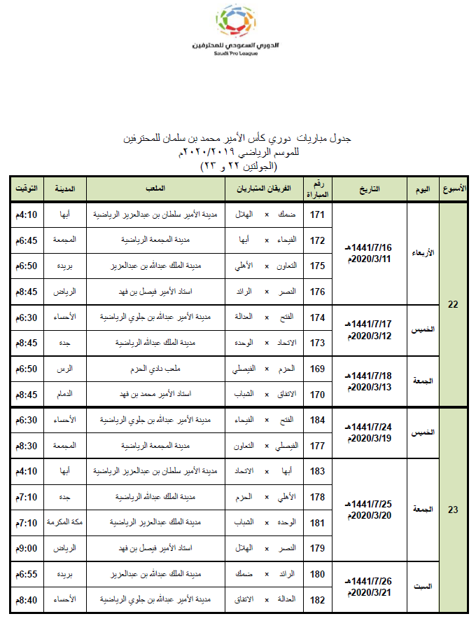 جدول الجولتين 22 و 23